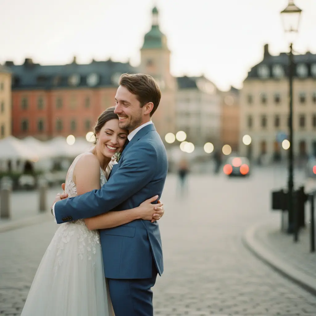 Lyckligt brudpar i Stockholm efter sin vigsel