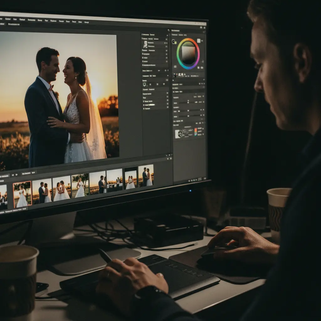 Bröllopsfotograf som redigerar bilder
